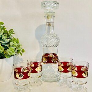 Vintage Decanter & 4 Stemmed Glasses Red Burgundy Floral w/Gold